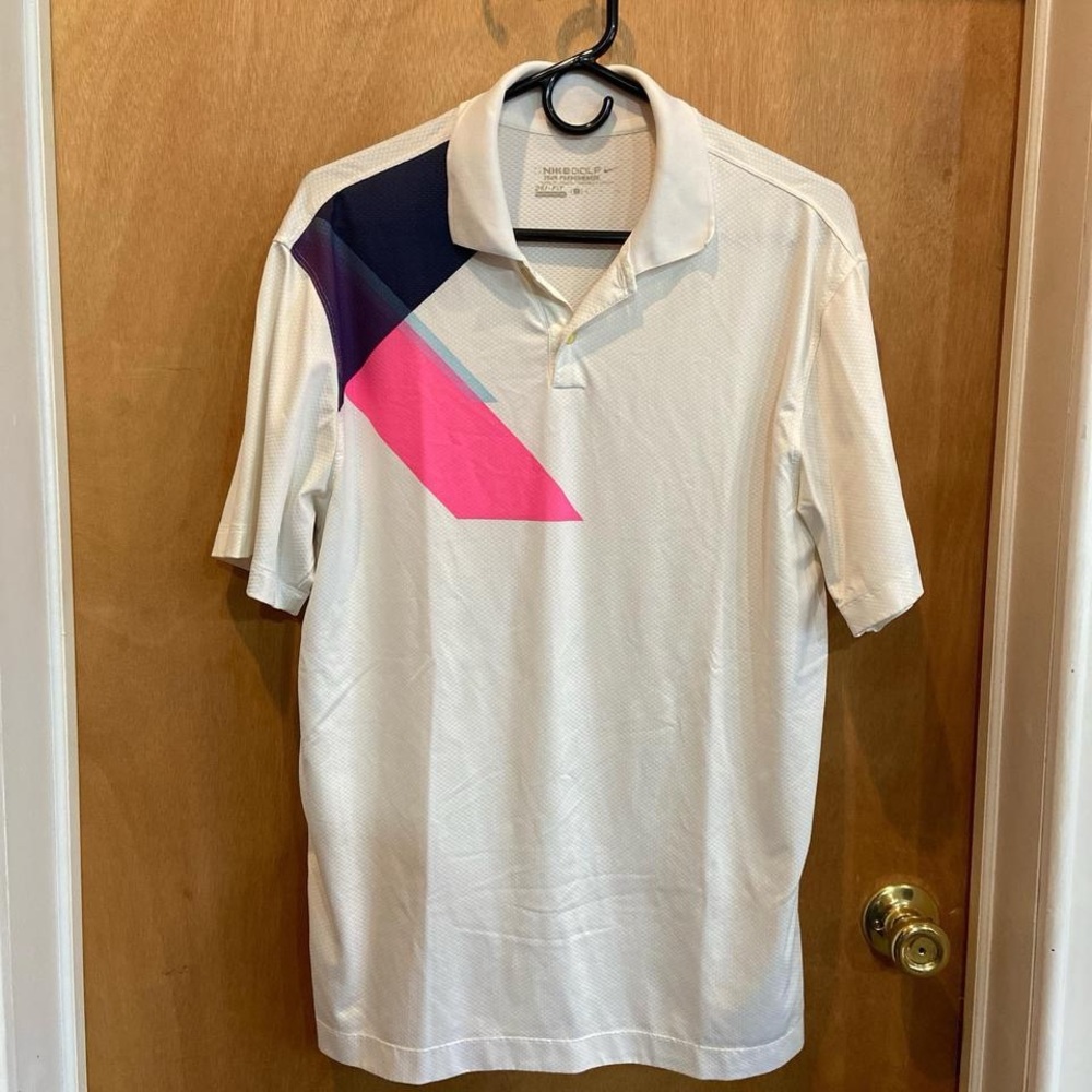 White and Pink Retro Geometric Polo Shirt